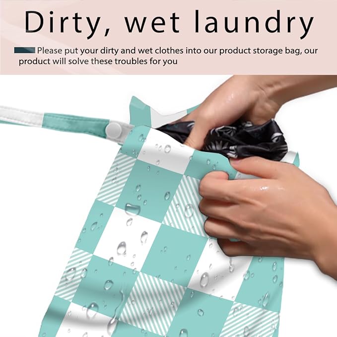Wet Bag, 4Pcs Wet Dry Bag Set, Reusable Waterproof Bags with Blue Diamond Lattice & Mint Checkerboard Prints for Women, Ideal for Beach, Pool & Travel