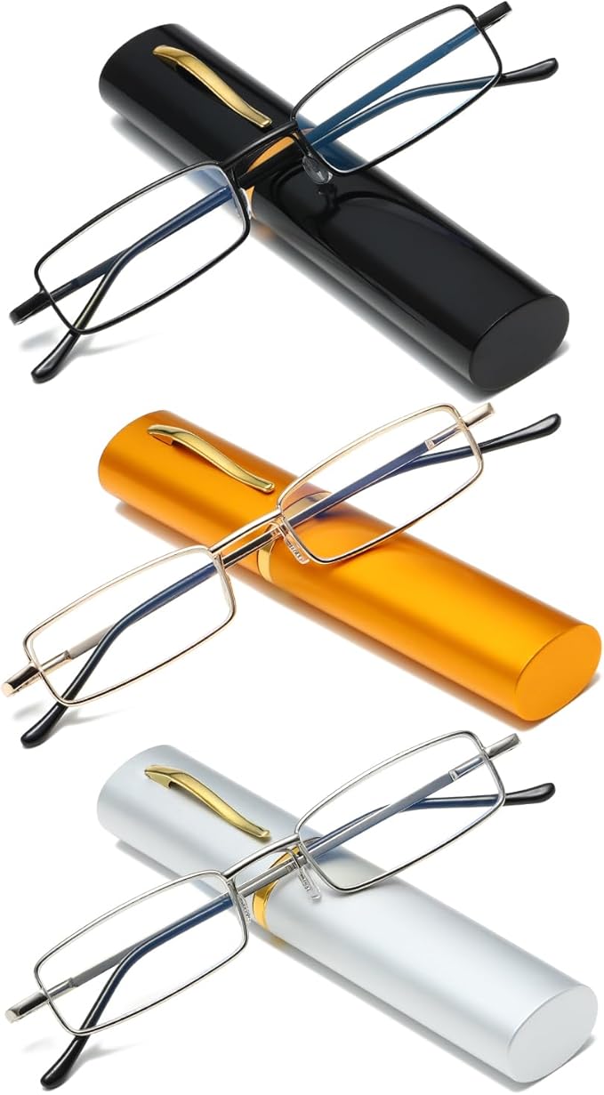 Viseng Slim Mini Metal Reading Glasses Compact Lightweight Portable Readers with Glasses Case for Reading Case +3.5 Black+Gold+Silver