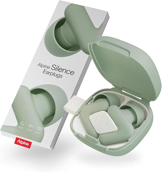 Alpine Silence Earplugs for Sleep, Focus & Travel - V-Shape Snug Fit & Soft Oval Tips – 4 Sizes XS/S/M/L - Comfortable, Reusable Hearing Protection - up to 25dB – Green