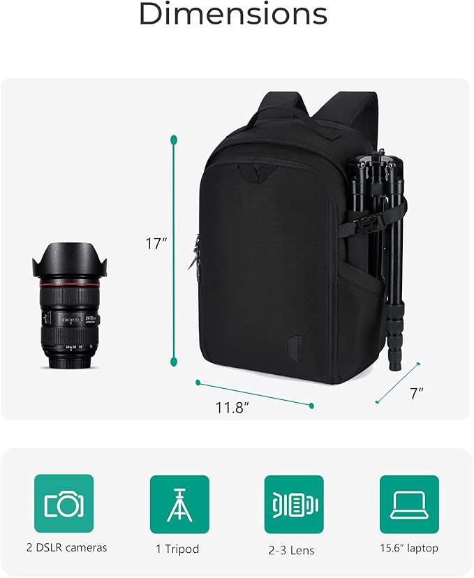BAGSMART Camera Bag, DSLR SLR Camera Backpack Fits up to 15.6" Laptop, Camera Case for Photographers with Waterproof Rain Cover, Tripod Holder, Black