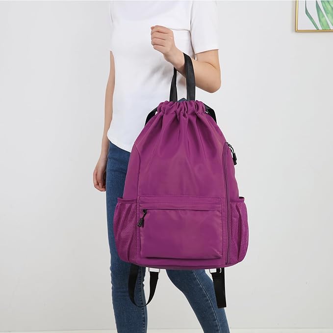 Valleycomfy Waterproof Drawstring Gym Backpack Bag for Men & Women,Sports Gym Bag with Side Pocket Orange