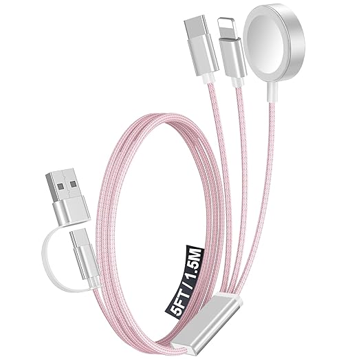 1Pack Multi Charging Cable Cord for Travel Essentials,Apple Watch Charger,iPhone Charger,[3-in-2] Type C/Lightning Cable Portable Designed for iWatch,iPhone 17-8,Galaxy S25-21,AirPods,iPad-1.5M Pink
