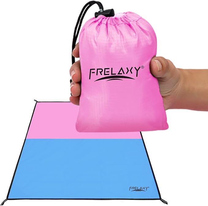 Frelaxy Pocket Picnic Blanket, Waterproof Sandproof Beach Mat, Compact Camping Tarp for Festivals, Hiking, Travel, Outdoor Recreation (Pink & Blue, 57'' x 71'')