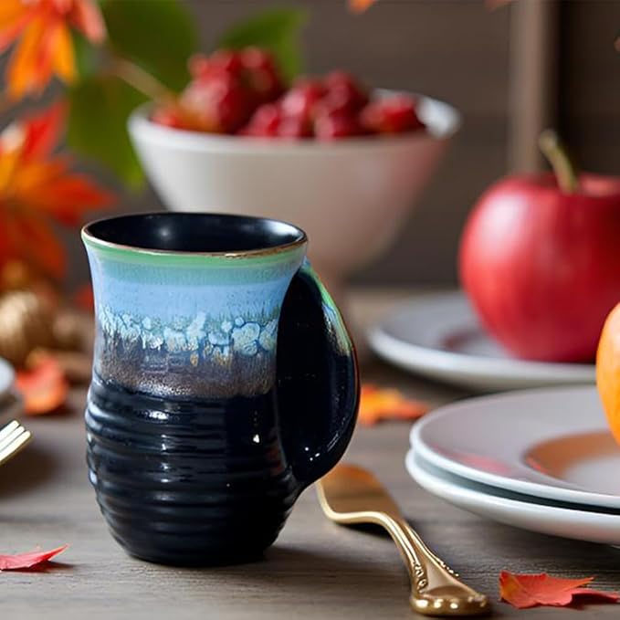 Hand Warmer Mug for Coffee - 16 Ounce Large Hand Warming Mugs Handmade Pottery Ceramic Gift for Thanksgiving Christmas with Contoured Pocket, Keep Your Fingers Warmth, Right Handed, Blue