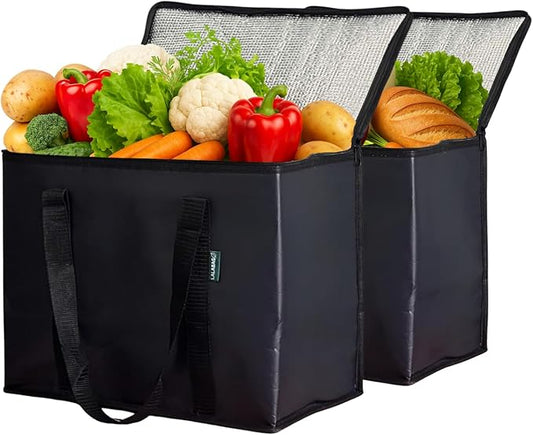 2-Pack Insulated Reusable Grocery Bags – Large Cooler Tote for Cold & Hot Food, Stays Upright, Durable, Foldable for Travel and Delivery