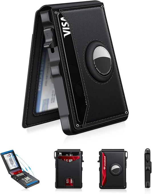 KIKVES Airtag Wallet for Men, Mens Smart Wallet for Air Tag RFID Blocking, Minimalist Bifold Pop Up Aluminum Credit Card Case Holder 12+ Cards with ID Window, Gift for Men, No Airtag Included, Black
