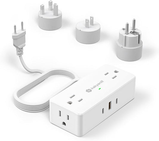 Kakyanill European Travel Plug Adapter, EU/UK/JP Plug Adapter, 4 AC Outlets, 3 USB Ports (2 USB C), 5ft Flat Extension Cord, Compact for Travel