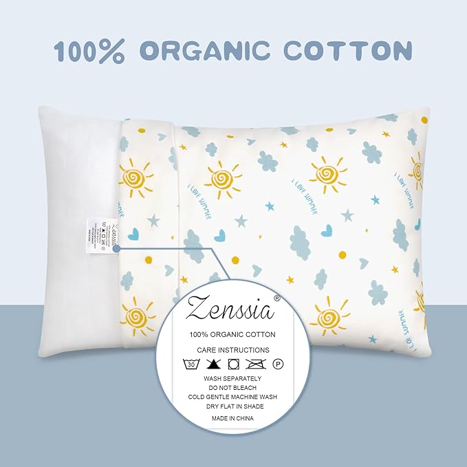 Zenssia Organic Cotton Toddler Pillowcases Pack of 2, 13x18 Inches Travel Pillowcase with Envelope Closure, Soft & Breathable Baby Pillow Case Cover, Sunny Blue