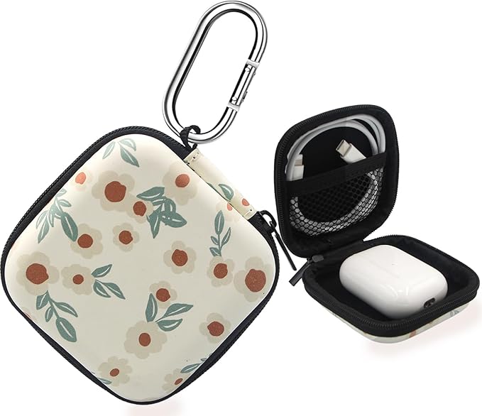 Earbud Case,Headphone Organizer Earbud Storage Bag, Hard EVA Shockproof Cover Carrying Case with Carabiner Clip Compatible with AirPods 4 AirPods Pro 2nd /3/2/1 Bose Galaxy (Small Flower)