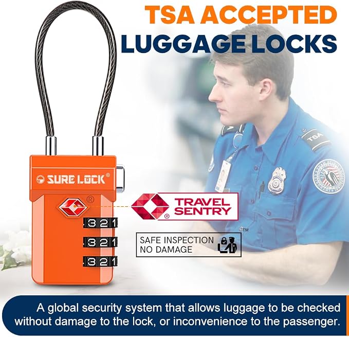 SURE LOCK TSA Approved Luggage Locks with Open Alert Indicator, 3 Digit Combination Cable Travel Lock for Suitcase, Backpack, Gym Locker, Toolbox, Carry On & Travel Bag