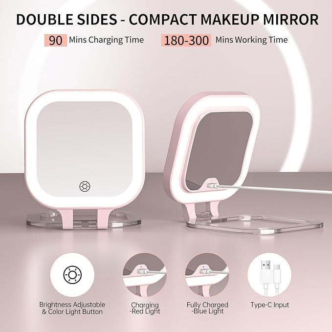 FUNTOUCH Rechargeable Travel Makeup Mirror 30X Magnification, 4.5" Lighted Portable Vanity Mirror with 3 Colors Lighting & Stepless Dimming, Double Sided LED Mirror, Gift for Women (Pink)