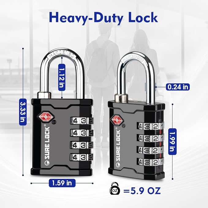 SURE LOCK TSA Accepted 4 Dig Heavy Duty Big Combination Luggage Padlock All Metal Travel Lock for Equipment Hard Case Luggage Gun Case Gym Locker Pelican Vault Lock(2, Black)