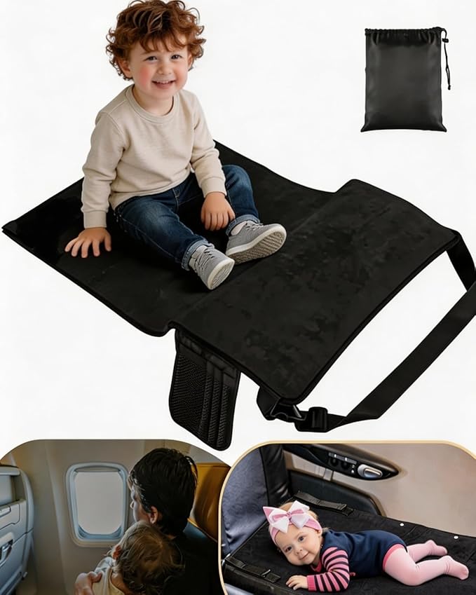 Large Size BlackToddler Airplane Bed, Portable Airplane Seat Extender Travel Bed for Kids, Soft Baby Plane Travel Essentials for Flying, Toddlers Long Flight Must Haves Footrest