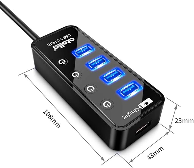 USB 3.0 Hub, atolla 4 Ports Super Speed USB 3 Hub Splitter with On Off Switch with 1 USB Charging Port (Cable Length 2 Feet, No AC Adapter) (4-Port hub)