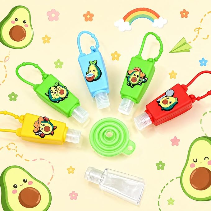5-Pack Cartoon Kids Hand Sanitizer Holder, 30ml Travel Size Refillable Bottles with Silicone Case, Leak-Proof Portable Containers for Lotion & Liquid Soap (Avocado Fun)