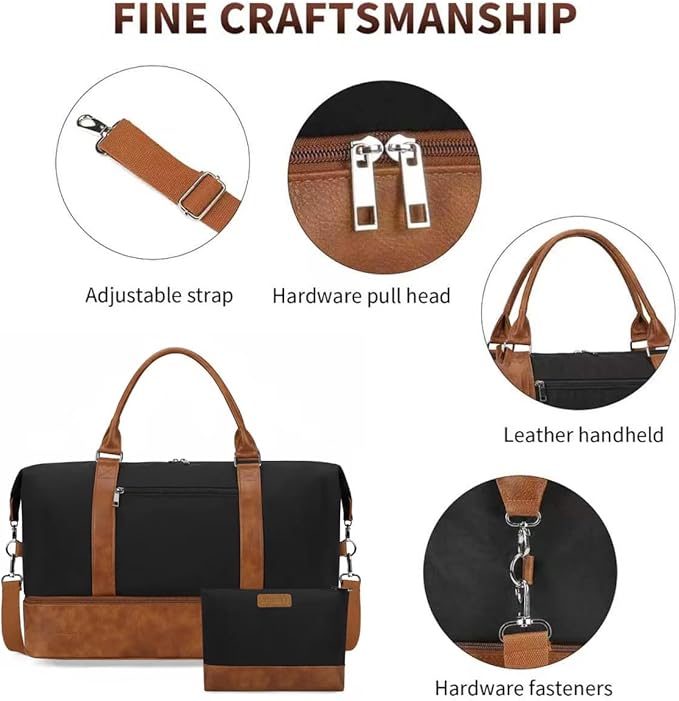 Oeihuivt Weekender Bags for Women - 21 Inch Large Travel Duffel Bag 2-Piece Set with Shoe Compartment, Heavy-Duty Canvas Leather Carry On Overnight Tote