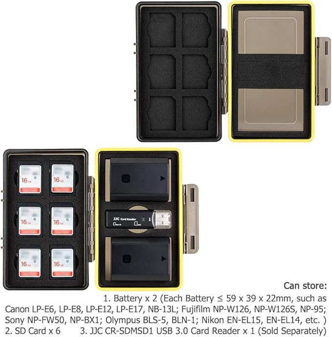 JJC Sony NP-FZ100 NP-FW50 Battery SD Memory Card Case Holder for 6 SD 2 Battery, Water-Resistant & Shockproof, Camera Battery Storage Organizer Box for Sony A9 III III A7RIV A7RIII A7III A7SIII A1
