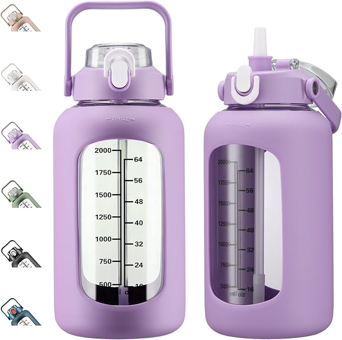 84oz Glass Water Bottle with Straw, 2.5 Liter Large Water Bottle with Silicone Sleeve and OZ Marker, Wide Mouth Gallon Glass Bottle with 2-in-1 Lid, Leakproof Water Jug for Gym Home, Purple