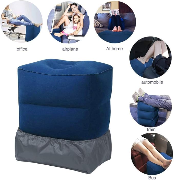 Travel Foot Rest Pillow, Portable Inflatable with Double Hand Pump Adjustable Three Layers Height Pillow for Foot Rest on Airplanes,Cars,Buses,Trains,Office Kids to Sleep on Long Flights (Blue 2)