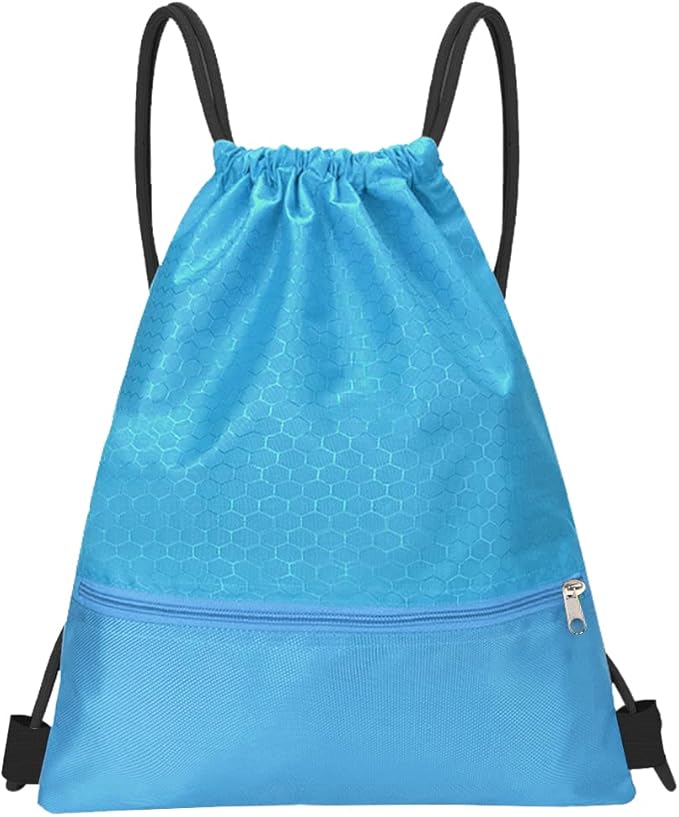 Drawstring Backpack Bag, Waterproof Draw String Back Sack with Zip Pocket, Gym Drawstring Bags Swim Bag for Men Women