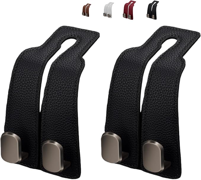 Coozyland Car Hooks, Coozy Land Metal Multi-Function Leather Car Headrest Hooks, Universal Double Hook Car Seat Back Storage Hooks for Wallets, Handbags, Bottles, Trash Bags, etc (Black 2-Pack)