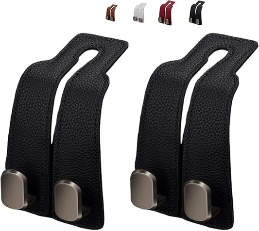 Coozyland Car Hooks, Coozy Land Metal Multi-Function Leather Car Headrest Hooks, Universal Double Hook Car Seat Back Storage Hooks for Wallets, Handbags, Bottles, Trash Bags, etc (Black 2-Pack)