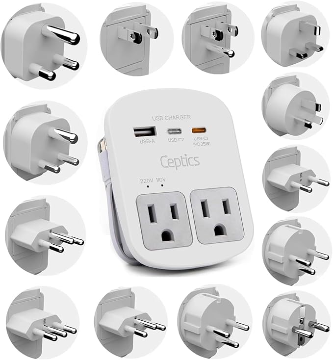 Ceptics Universal Travel Adapter, 35W World Travel Adapter Kit - 2 USA sockets, USB-A, USBC, 1x PD 35W USB-C and USBC Cable, Perfect for Laptops, Cell Phones, Chargers - Surge protection