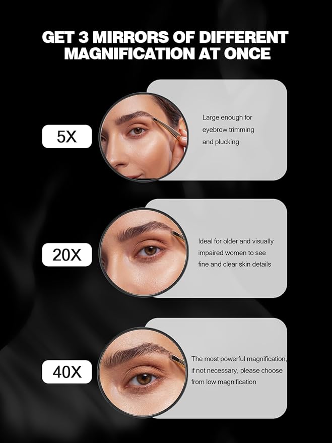 Macaki 5X/20X/40X Magnifying Mirror with Suction Cups and Tweezers Set, 3.5 inches Travel Magnified Makeup Mirror, Black, 3PCS