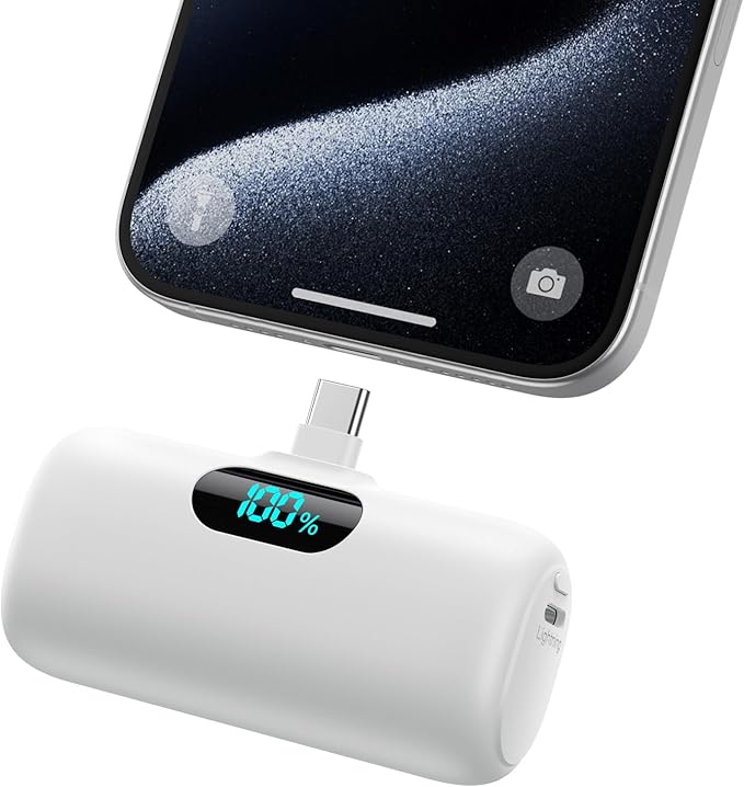 Mini Portable Charger USB C Power Bank,5000mAh PD Fast Charging Battery Pack Built-in USB-C Connector Travel Essential for iPhone17/17Pro/17Pro Max/Air/16 Plus/16Pro Max/15 Series,Android White