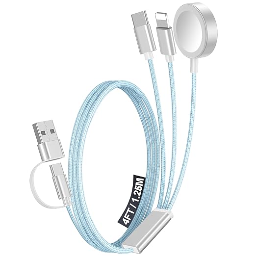 1Pack Multi Charging Cable Cord for Travel Essentials,Apple Watch Charger,iPhone Charger,[3-in-2] Type C/L Cable Portable Designed for iWatch,iPhone 17-8,Galaxy S25-21,AirPods,iPad-4FT Blue