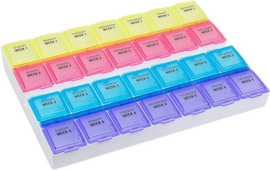 EZY DOSE Monthly (28-Day) Pill Case, Daily Medicine Planner, Vitamin Organizer, Supplement Container, One Month, Large Contoured Compartments, Convenient and Easy to Use, Colored Lids, BPA Free