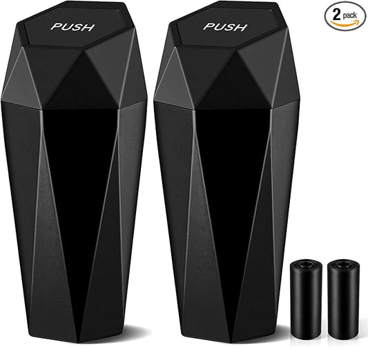 JUSTTOP Car Trash Can with Lid, Diamond Design Small Automatic Portable Trash Can, Easy to Clean, Used in Car Home Office Interior Accessories, 2PCS (Black)