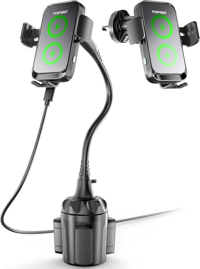 Dual Coil Cup Phone Mount Wireless Charger, Universal Cell Phone Holder, Cup Holder 15W Fast Charging for iPhone 17 16 Pro Max, Samsung Galaxy - Black