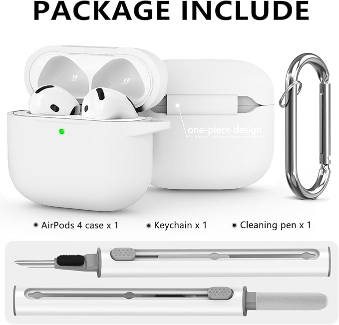 Ljusmicker for AirPods 4 Case 2024 with Cleaner Kit,Soft Silicone Protective Cover for Apple AirPods 4th Generation Cases for Women Men,for AirPod 4 Case Accessories with Keychain-White