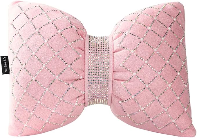 Carwales Car Headrest Pillow Pink Sparkly Bling Rhinestone Accessories for Women Bow Seat Neck Support Pillow for Travel Driver Chair Head Rest 2pcs