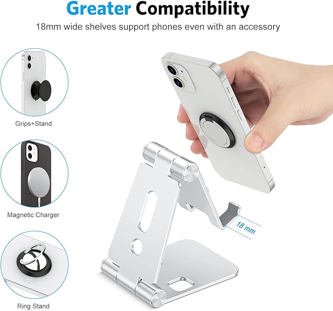 OMOTON Foldable Cell Phone Stand, C4 Portable Aluminum Phone Holder, Adjustable Phone Dock Cradle for iPhone 17/16/15 Pro Max Air, Small Tablets, Smart Phones, Women Men Gift for Fathers Day, Silver
