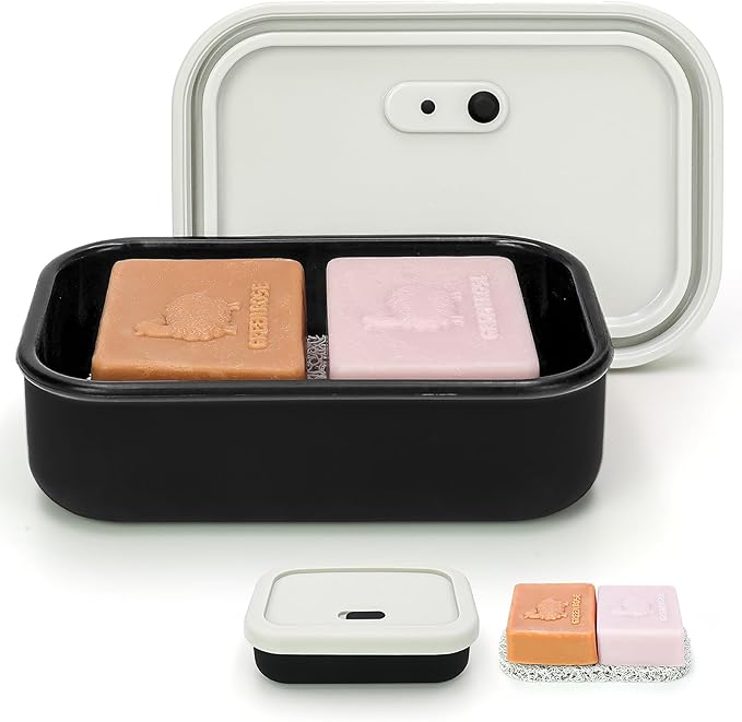 AIDIMMING Large Leak Proof Travel Soap Case, Vented Shampoo Bar Holder for Kitsch Shampoo and Conditioner Bar Set, Drain Tray Container for Large Bars, Handmade Bars, Travel Gym (Offwhite& Black)