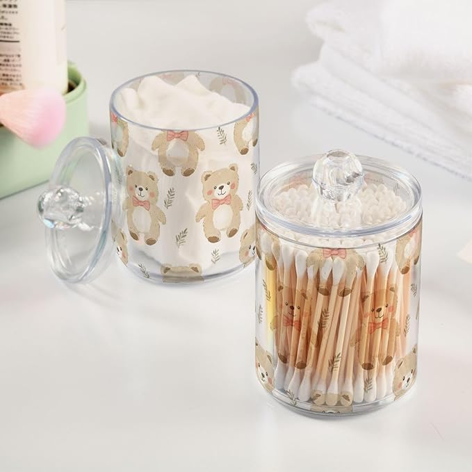 2 Pack Qtip Holder Organizer Dispenser Bears Bathroom Storage Canister Cotton Ball Holder Container for Cotton Pads/Swabs/Floss