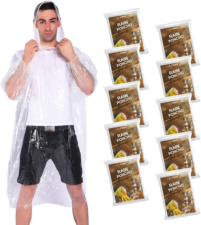 COOY Rain Ponchos,with Drawstring Hood （10 Pack） Emergency Disposable Rain Ponchos Family Pack for Adults,Clear