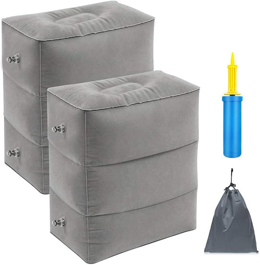 Inflatable Air Travel Foot Rest, Car Back Seat Pillow for Kids, Adjustable Height Leg Pillow for Long Flights, with Air Pump and Easy-Carry Strap, Great for Train, Office, Home (Grey, 2 Pack)