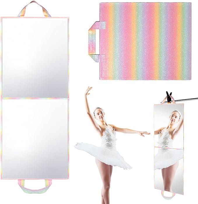Foldable Full Length Mirror, 2 in 1 Hangable & Tabletop Acrylic Mirror, Portable Travel Mirror with Handle for Dance Bedroom Wardrobe Stage Makeup Checks Camping Outdoor Use (32.2" x 12.5", Bi-Fold)