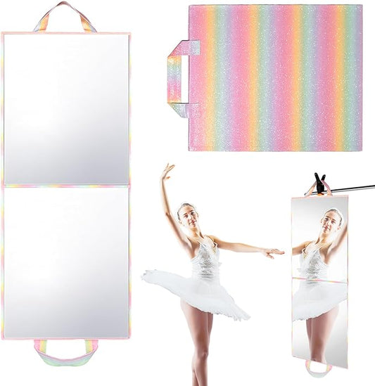Foldable Full Length Mirror, 2 in 1 Hangable & Tabletop Acrylic Mirror, Portable Travel Mirror with Handle for Dance Bedroom Wardrobe Stage Makeup Checks Camping Outdoor Use (32.2" x 12.5", Bi-Fold)