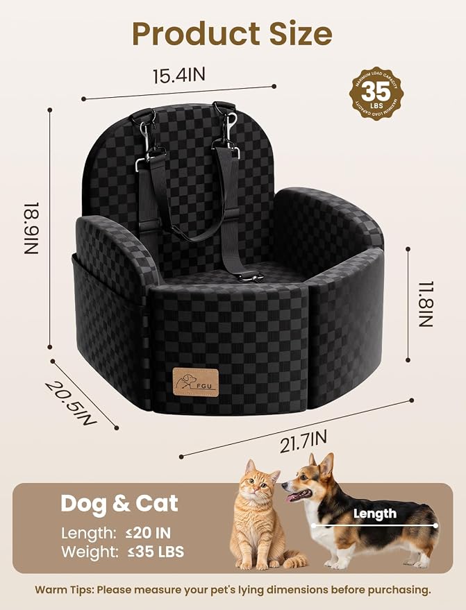 Dog Car Seat for Small/Medium Dogs, Elevated Dog Booster Seat with Memory Foam Cushion for Dogs Under 35lbs, Detachable Washable Pet Car Seats with Storage Pockets & 2 Safety Belts (Black)