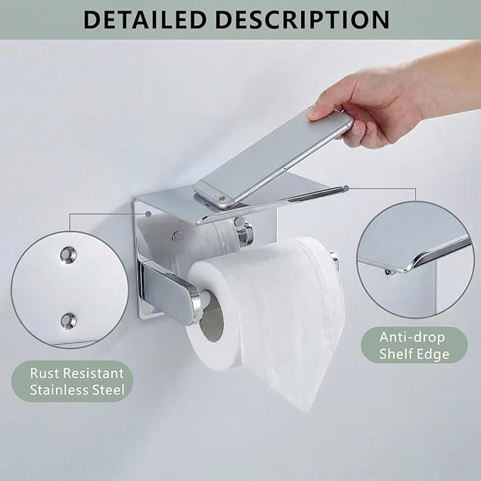 Toilet Paper Holder with Shelf, Heavy-Duty Stainless Steel Bathroom Hardware, Self-Adhesive No-Drill/Drill-Mount Wall-Mounted Roll Holder, Rust-Proof Bathroom Tissue Rack (Chrome)