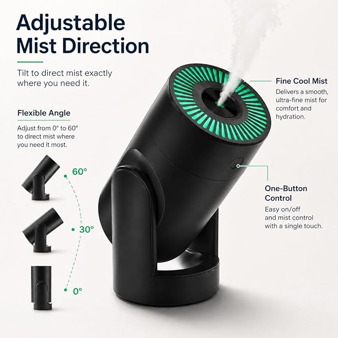 Portable Mini Humidifier with 2 Mist Modes, 220ml Cool Mist Rotation Humidifiers with Colorful Night Light, Quiet Operation, USB Personal Desktop Humidifier for Bedroom, Office, Travel, Car, Black