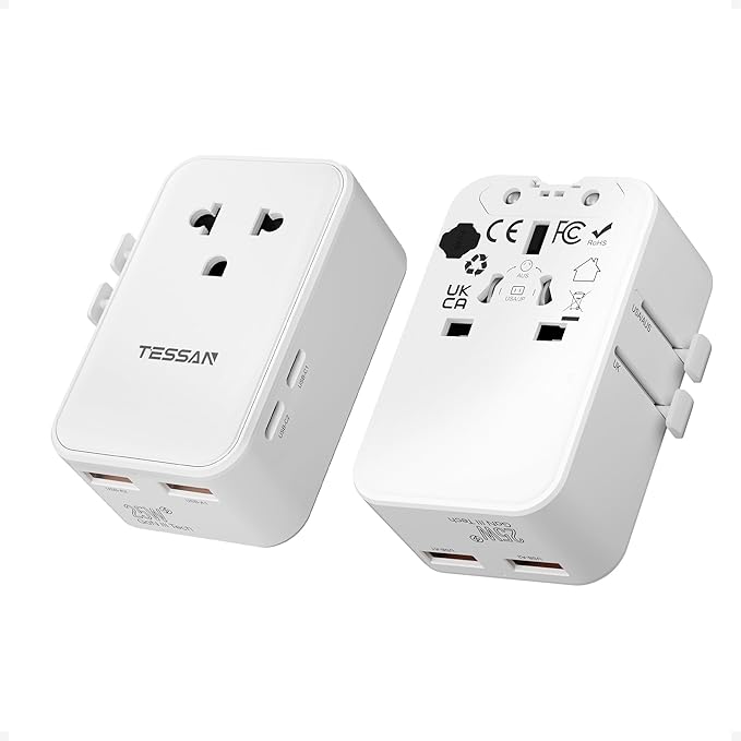 TESSAN Universal Travel Adapter PD 25W, International Power Adapter, Ultral Thin Universal Adapter with 2 USB A 2 USB C for US to European UK Australia Ireland(Type C G A I) White