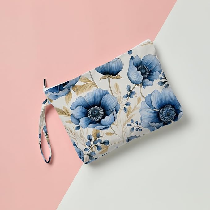 Fokongna Floral Print Wet Bag, Small Portable Waterproof Multi-Functional Organizer for Women, Ideal for Daily, Beach & Travel, Indigo Blue Anemone