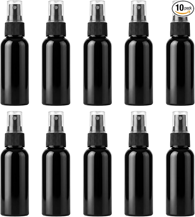 Travel Spray Bottle Set – 10 Pack 50ml (1.7oz) Empty Plastic Spray Bottles, Fine Mist Continuous Spray for Hair, Face Mist, Perfume & Toner, Refillable Travel Size Containers (Black)