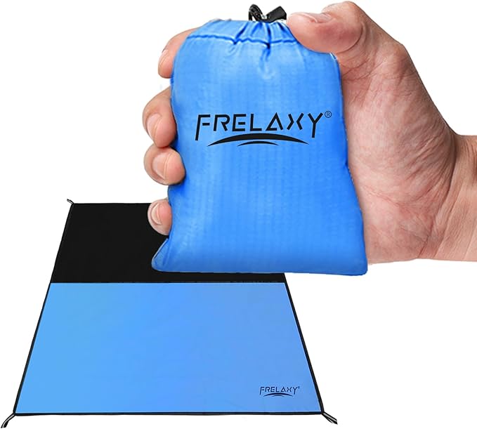 Frelaxy Pocket Picnic Blanket, Waterproof Sandproof Beach Mat, Compact Camping Tarp for Festivals, Hiking, Travel, Outdoor Recreation (Blue, 35'' x 57'')