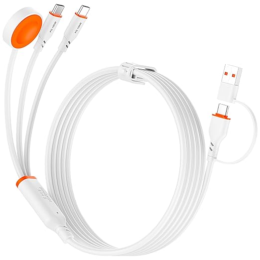 Travel Essentials 3 in 2 Multi Charging Cable 100W USB A/C to Dual USB C/for Apple Watch Charging Cable Silicone Fast Charge Compatible with iPhone 17-15 Series iPad MacBook, Type-C Devices 5FT-White